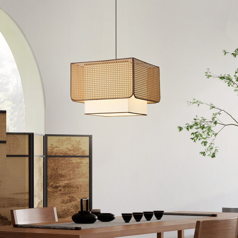 D11890 Vintage Rattan Fabric Chandeliers