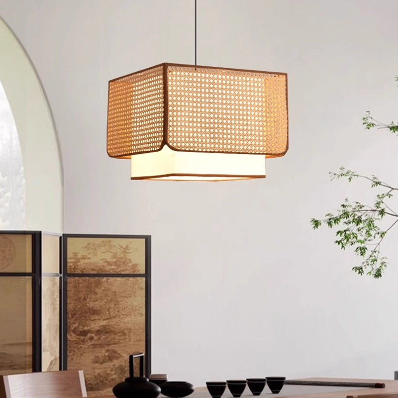 D11890 Vintage Rattan Fabric Chandeliers